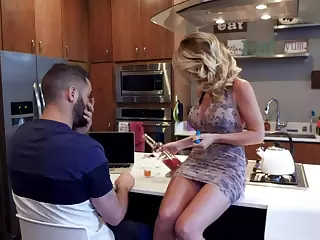 Stepson takes a shot exotic stepmom's boobies coupled with fucks her cunt in the kitchen